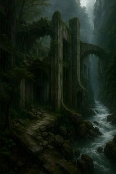 Abandoned house on the banks of a fast-flowing river 