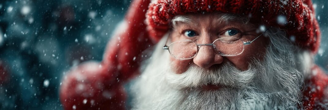 Cheerful man in red hat and glasses greets the winter season with a friendly wave during a snowy day outdoors