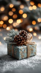 Beautifully wrapped gift adorned with pinecones and festive decorations under glowing holiday lights