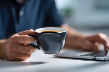 Man working on laptop while drinking coffee in the morning light