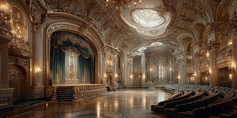 Fototapeta premium Opulent theater interior featuring intricate decorations and elegant seating in a grand hall during a performance event