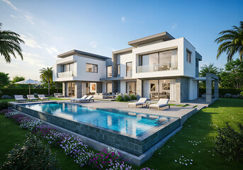 Fototapeta premium modern backyard with swimming pool, hotel swimming pool, Modern luxury villa exterior with big swimming pool, swimming pool in hotel resort, luxury swimming pool