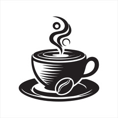 Obraz premium Stylized Coffee Cup with Steaming Aroma and Bean on Saucer in Black.