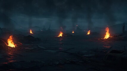 Desolate landscape with burning wreckage at dusk