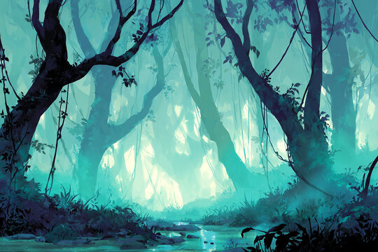 An anime-style illustration of a swamp forest with radiant vines and misty air