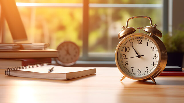 Vintage Alarm Clock on Desk with Books and Sunset Light