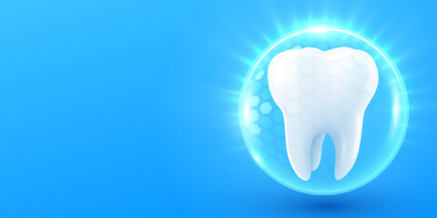 3d realistic vector healthy glowing tooth. Shield around white tooth. Dental care, protection and whitening.