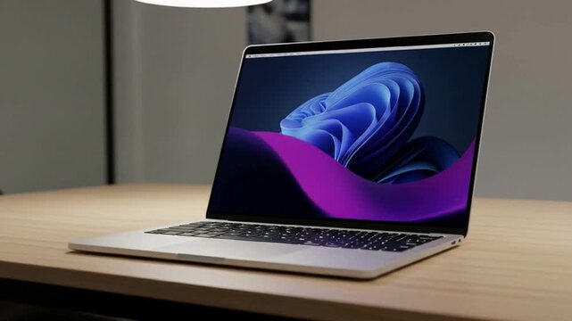 Sleek silver laptop displaying an abstract purple and blue desktop wallpaper on a light wood table.