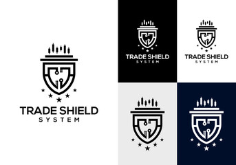Vector trading logo icon with shield and trading candlestick