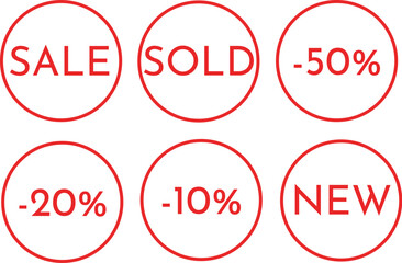 Vector badge set with SALE, SOLD, NEW and discount percentages in red circular outline design