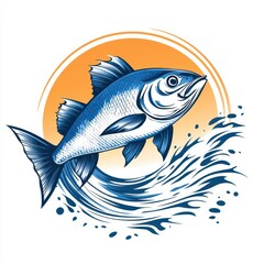 Fototapeta premium Vibrant fish jumping through ocean waves under a bright orange sunset background