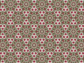 Seamless geometric pattern in red, green, and cream, featuring intricate floral shapes for elegant textile or wallpaper design