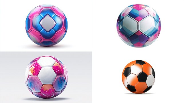 Four soccer balls with geometric and colorful designs on a white backdrop