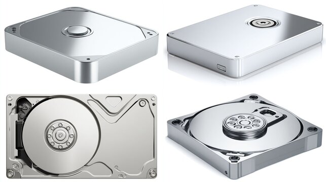 Four views of hard disk drives (HDDs).  Different perspectives show the exterior casing, internal 