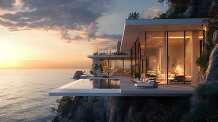 Modern villa on cliff overlooking the sea at sunset