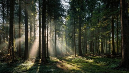 Fototapeta premium Sunlight streams through a dense forest