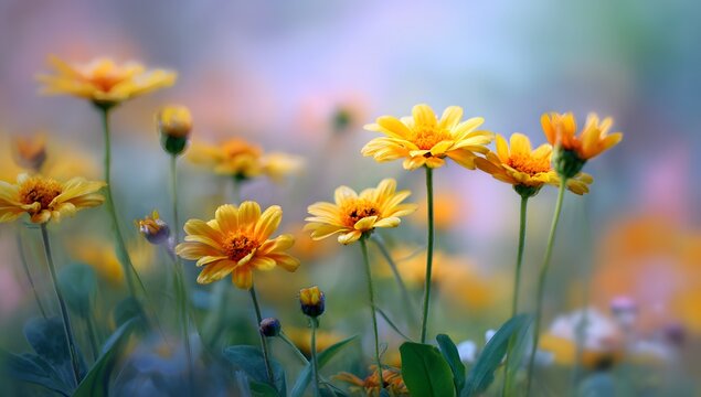 Beautiful yellow and purple daisies blooming in a vibrant spring garden

