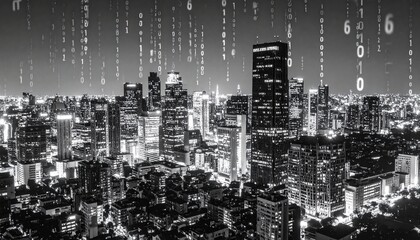 Monochrome cityscape merged with digital code and binary numbers, implying the rise of tech-driven industries"