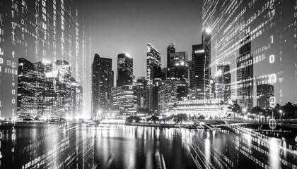 Monochrome cityscape merged with digital code and binary numbers, implying the rise of tech-driven industries"