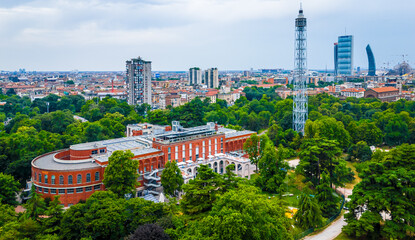 Naklejka na ściany i meble Aerial view of Arco della Pace in Milan, Italy