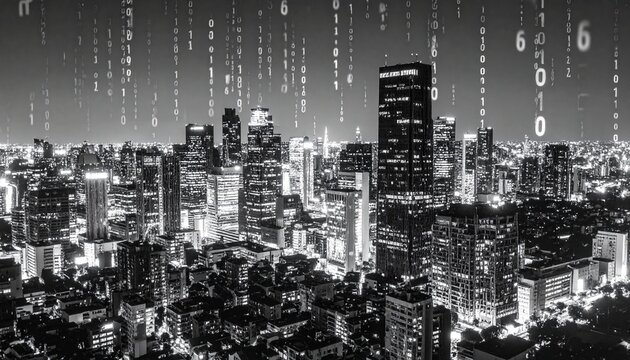 Monochrome cityscape merged with digital code and binary numbers, implying the rise of tech-driven industries"