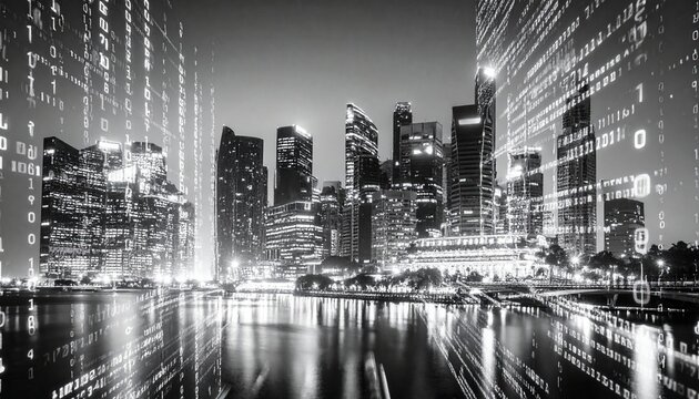 Monochrome cityscape merged with digital code and binary numbers, implying the rise of tech-driven industries"