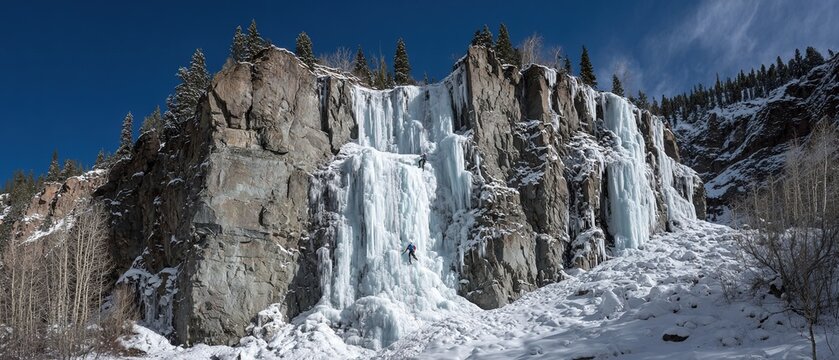 Frozen cascade dynamics at Colorado Bridal Veil Falls with ice climbers, adventure scene for sports magazines or winter risk education. - Powered by Adobe