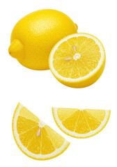 A vibrant yellow whole lemon, a perfectly cut half slice revealing juicy segments, and a quarter wedge, artfully displayed on a clean white background with ample copy space, soft studio lighting,