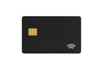 Blank, minimalist black credit card with gold EMV chip and white contactless payment symbol, isolated on transparent background with copy space, concept of modern financial technology and secure
