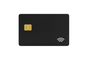 Blank, minimalist black credit card with gold EMV chip and white contactless payment symbol, isolated on transparent background with copy space, concept of modern financial technology and secure