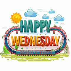 Fototapeta premium Happy Wednesday greeting with sun, clouds, and green grass graphic