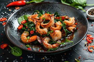 Garlic chili calamari with spinach saut&eacute;ed in olive oil, Mediterranean seafood cuisine served in rustic bowl, gourmet squid dish in dark themed food photography with herbs styling