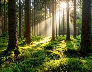 Sunlight streams through the tall trees in a lush green forest, creating a peaceful atmosphere