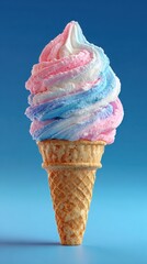 Colorful cotton candy ice cream cone with fluffy swirls presented against a blue background