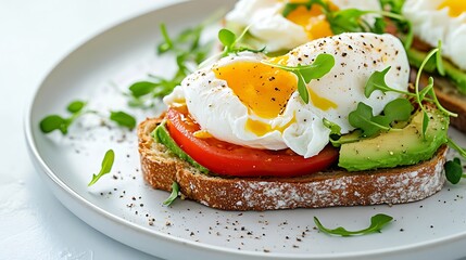 Poached Egg Avocado Toast with Tomato and Microgreens