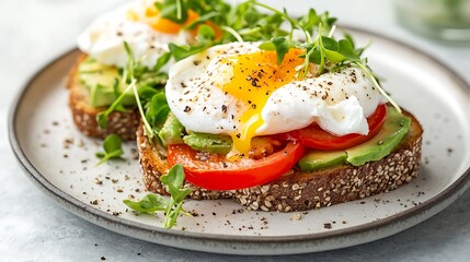 Avocado Toast with Poached Egg, Tomato, and Microgreens