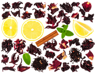Flat Lay of Hibiscus Tea Ingredients with Dried Petals and Slices of Lemon, isolated on a transparent background

