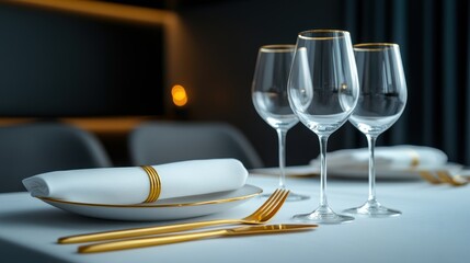 Elegant dining table setup with gold trimmed glassware and tableware in sophisticated ambiance