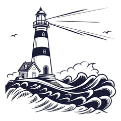 Lighthouse in stormy sea, isolated on a clean white background for resilience or guidance.