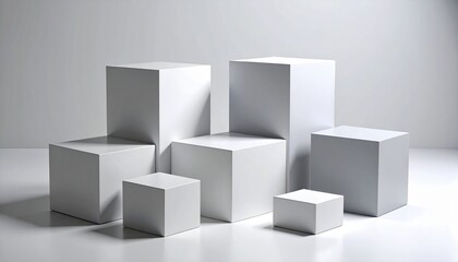 "Minimalistic white and gray 3D geometric shapes with shadows, symbolizing clean business structure and professionalism"