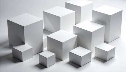 "Minimalistic white and gray 3D geometric shapes with shadows, symbolizing clean business structure and professionalism"