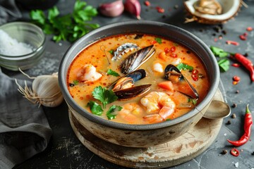 Thai seafood coconut curry soup with prawns shrimp ginger chili and herbs, spicy hot exotic soup with coriander lime garnish, rustic dark background food photography, authentic Asian cuisine