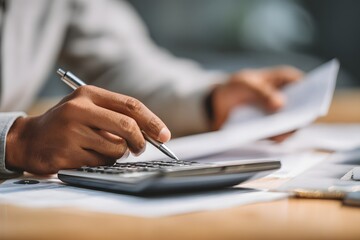 Businessman using calculator and reviewing financial documents in office