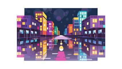 Night city landscape illustration with buildings and reflections cityscape urban scene vector art