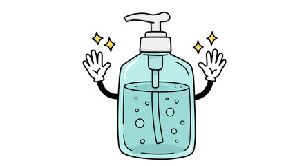 Cartoon Hand Sanitizer Bottle Character with Outstretched Hands and Sparkles
