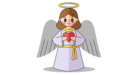 Cartoon Angel with Halo and Wings Holding a Red Heart