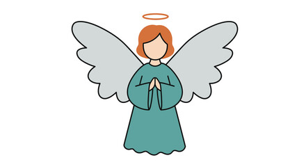 Cartoon Angel with Wings, Halo, and Praying Hands, Teal Dress