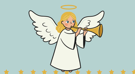 Charming cartoon angel with blonde hair, a golden halo, and large white wings, playing a trumpet.