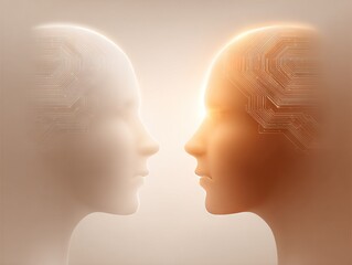 Ethereal AI Beings Facing Each Other in Soft Light with Circuit Patterns Symbolizing Human-Machine Emotional Connection and Digital Awareness