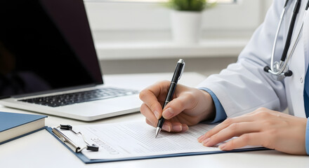 A doctor in a white coat is writing on a clipboard at a desk with a laptop and stethoscope nearby.